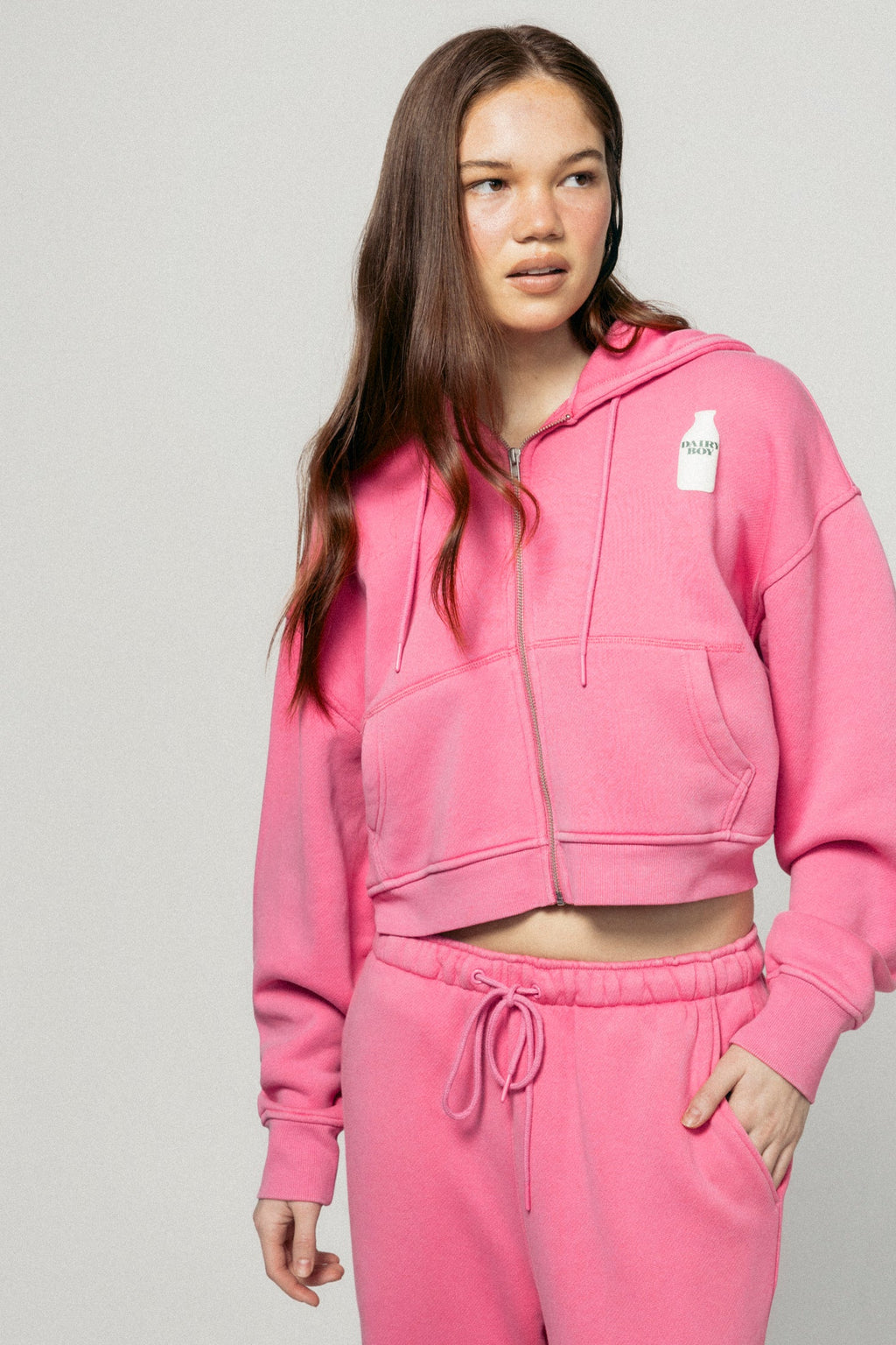 Milk Bottle Cropped Zip Up - Strawberry Milk